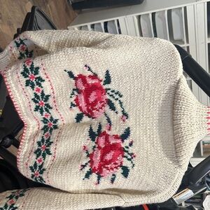 Elegant Floral Turtleneck Sweater - Cream with Red and Green Accents